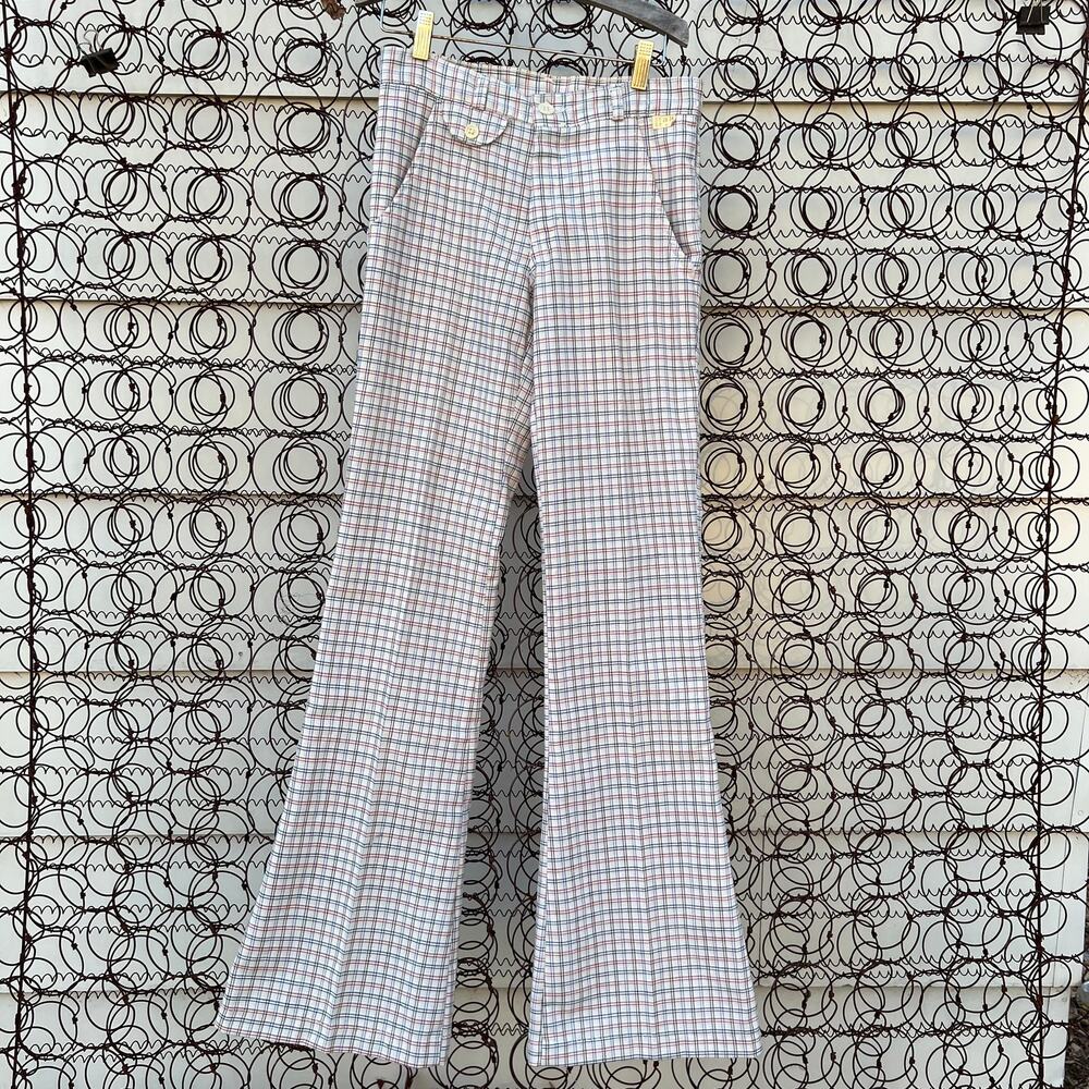 Vintage Mann Deadstock red blue plaid bell flare pants 28x34